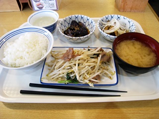 塩ダレ肉もやし・わかさぎ南蛮漬・なす揚げびたし・中ごはん・味噌汁